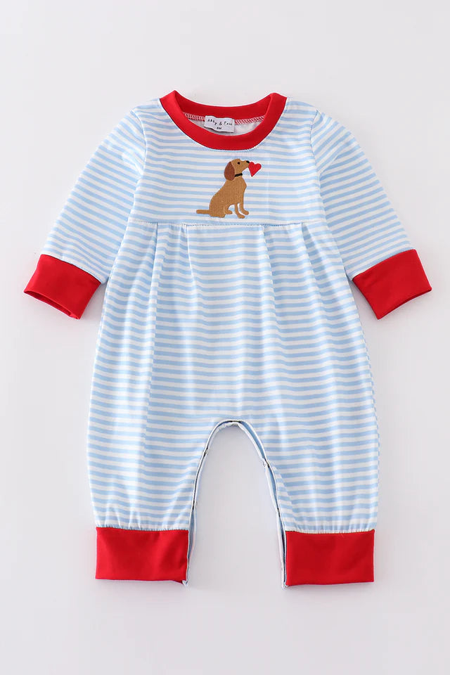 Blue stripe valentine puppy heart embroidery romper