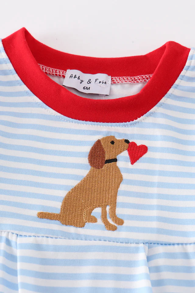 Blue stripe valentine puppy heart embroidery romper