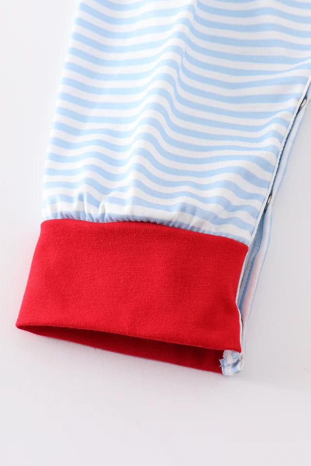 Blue stripe valentine puppy heart embroidery romper