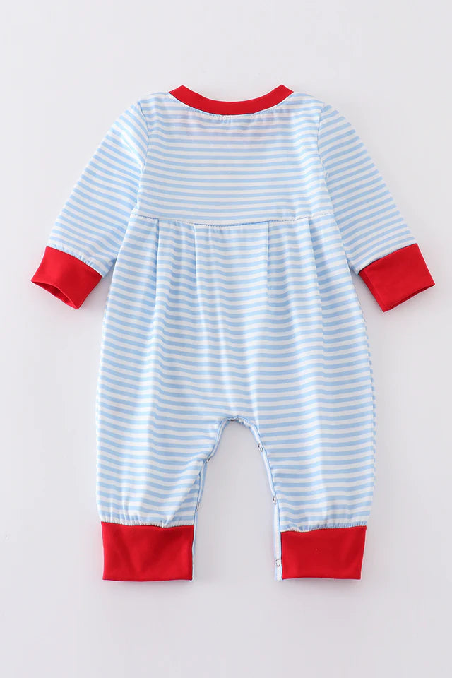 Blue stripe valentine puppy heart embroidery romper