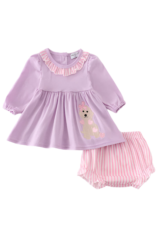 Purple puppy embroidery girl bloomer set