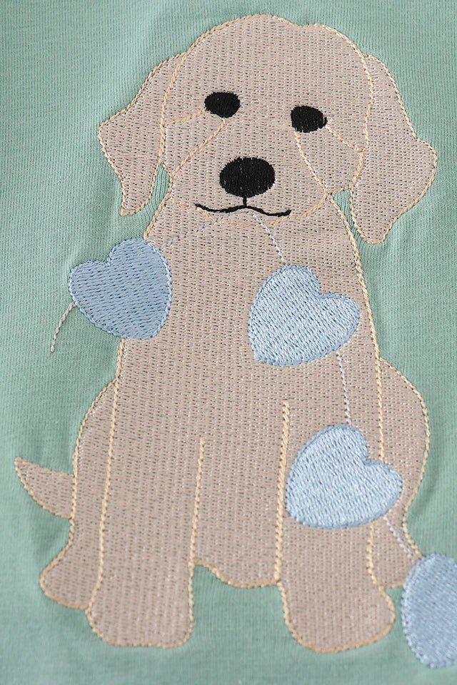 Green Valentine puppy embroidery boy romper