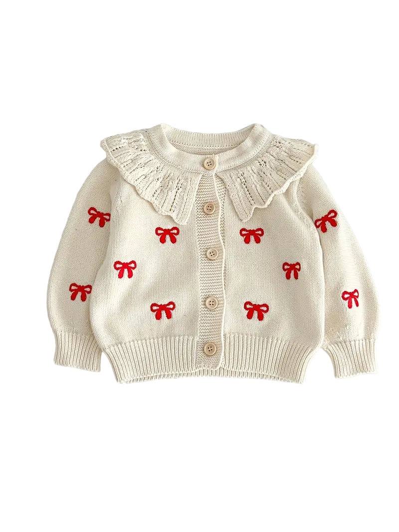 Bow Cardigan With Ruffle Collar and red embroidered bows