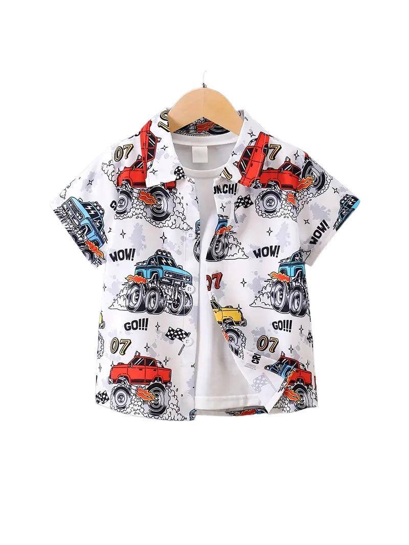 Kids monster truck button down shirt with colorful print