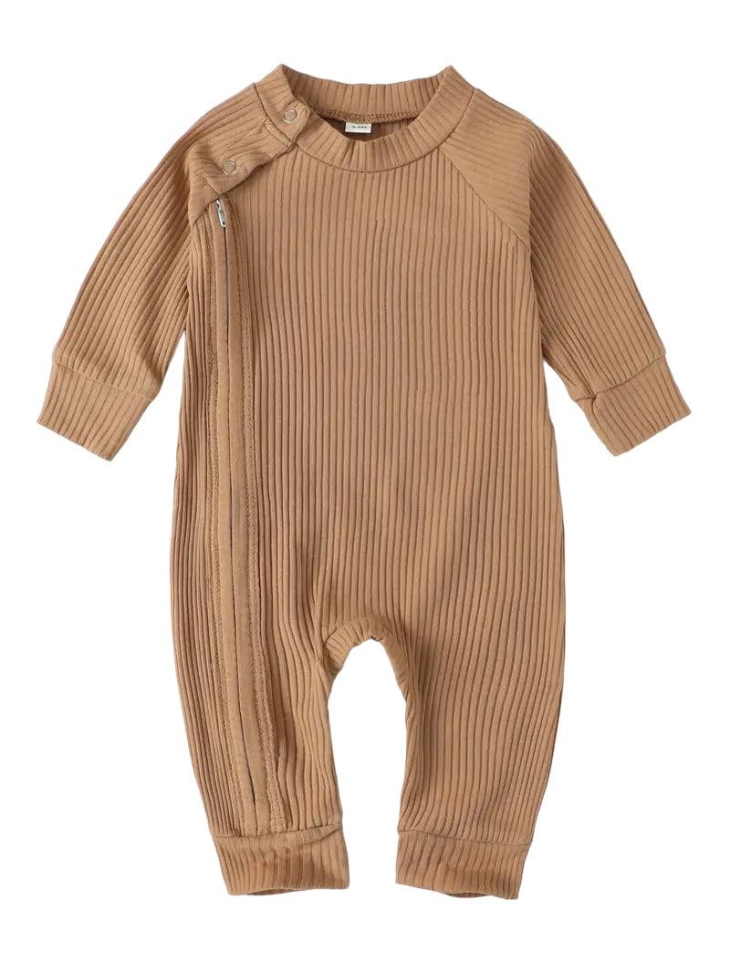 Brown Long Sleeve Ripped Side Zip Romper