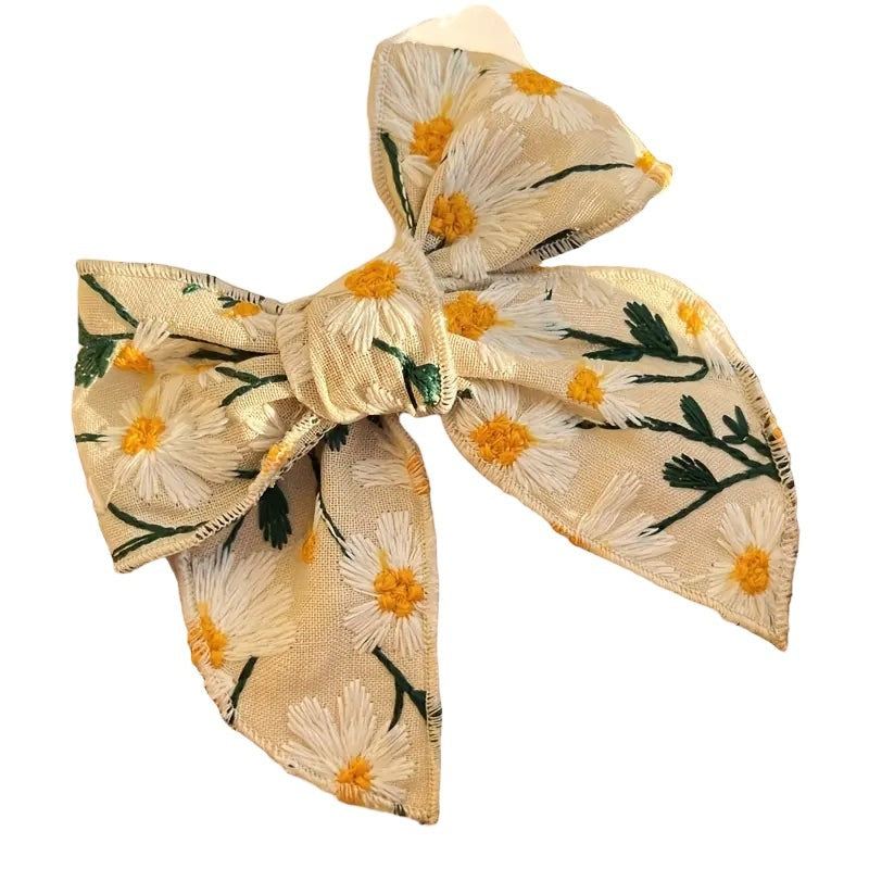 Large Embroidered Daisy Hair Bow