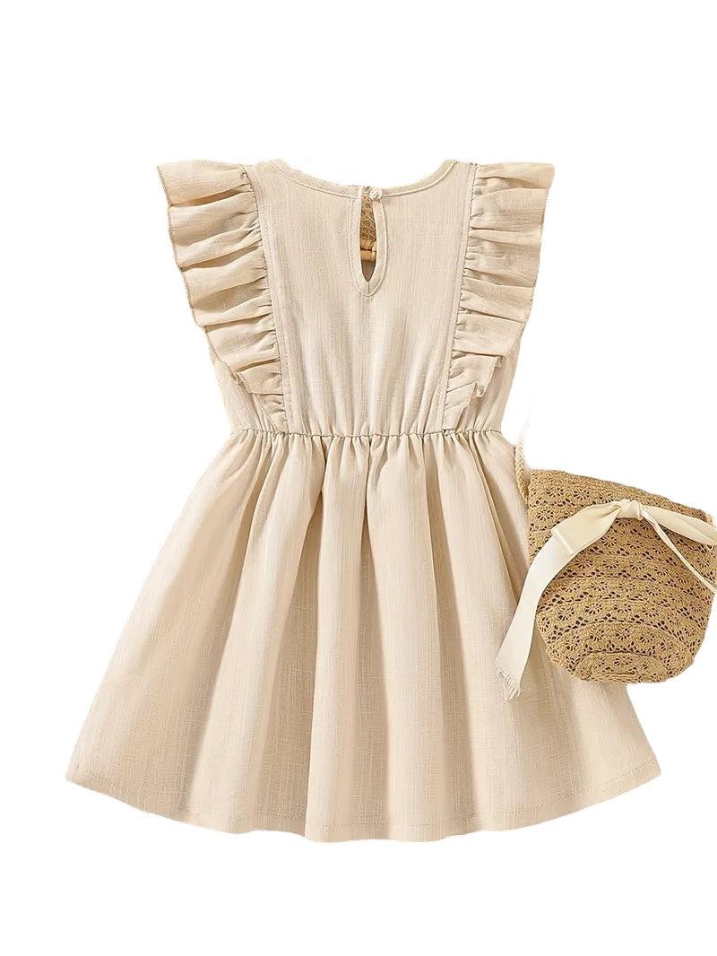 Neutral Embroidered Floral Ruffle Sleeve Dress back