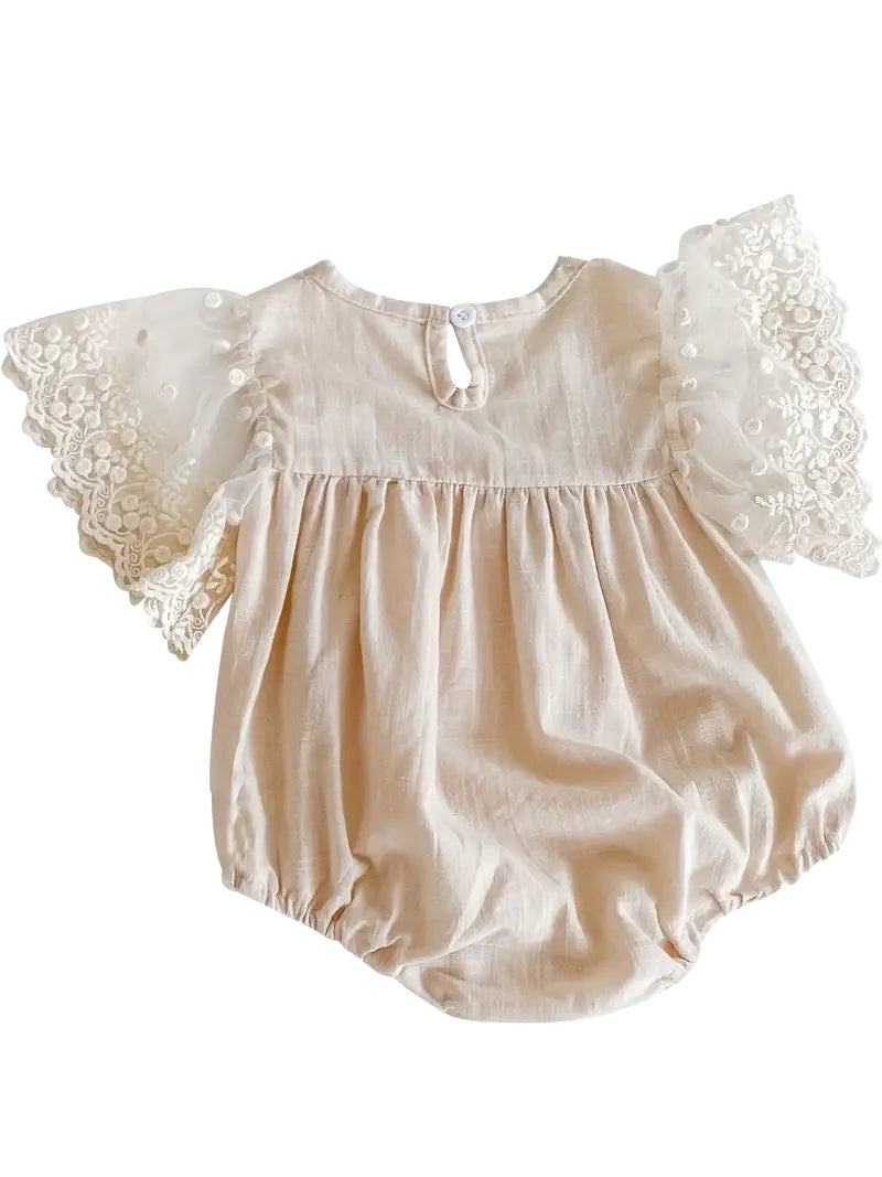 Neutral Lace Sleeve Onesie with flutter sleeves back