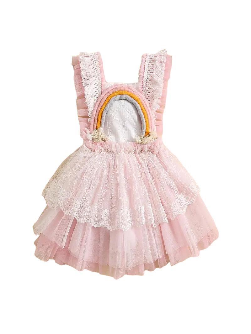 Rainbow & Lace Dress with Ruffles and Bow