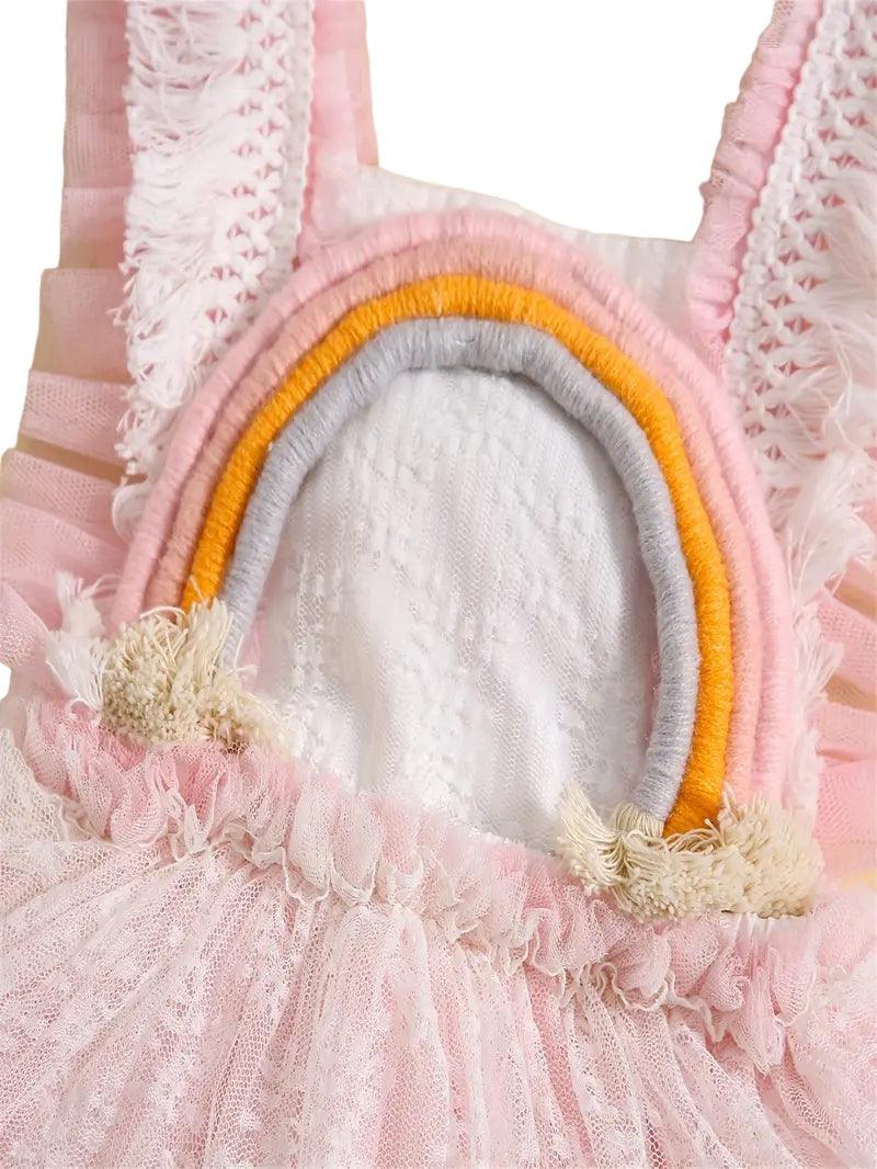 Rainbow & Lace Dress with Ruffles and Bow