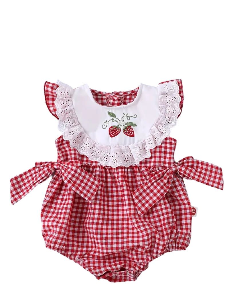 Red Gingham Strawberry Romper with side bows