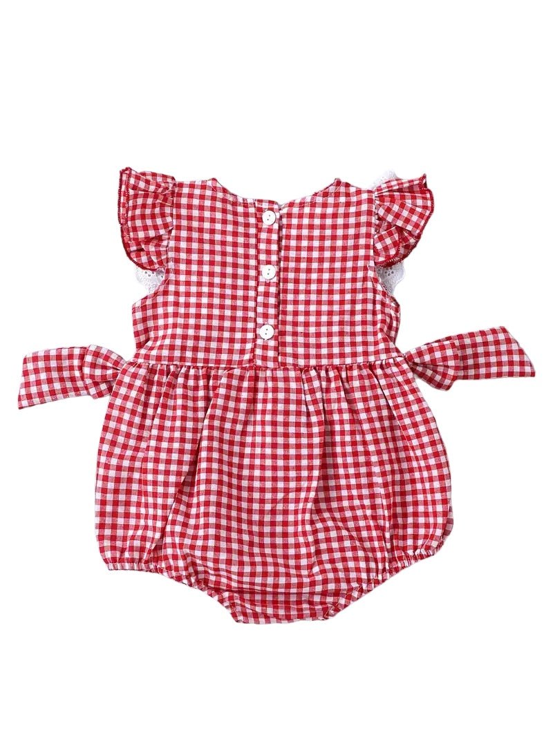 Red Gingham Strawberry Romper with side bows back