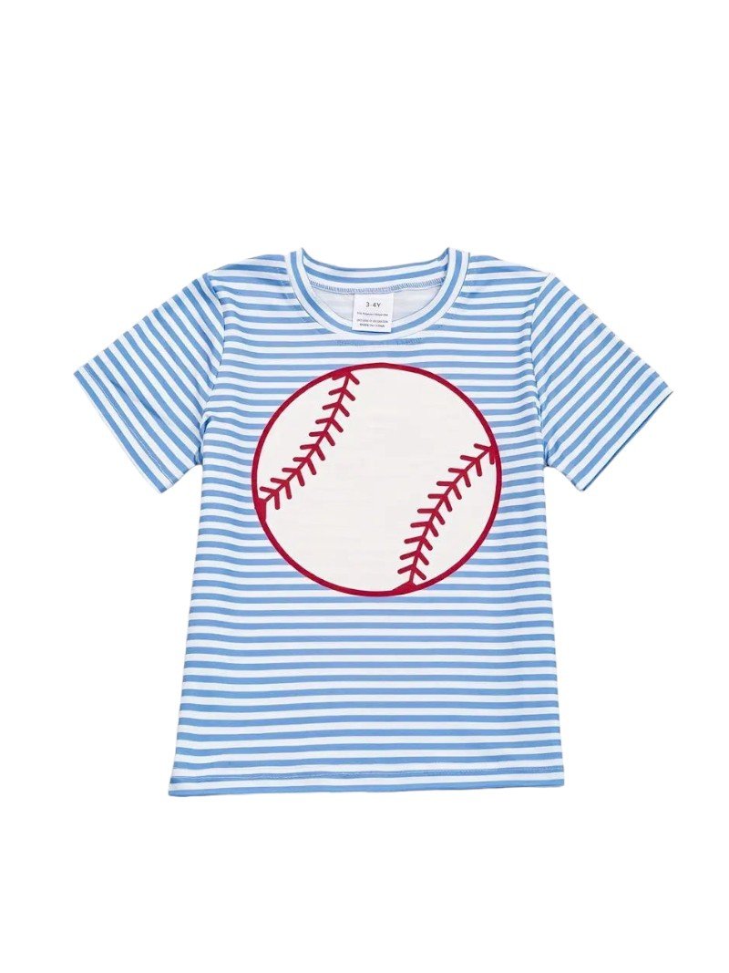Blue and White Striped Baseball Printed Tee