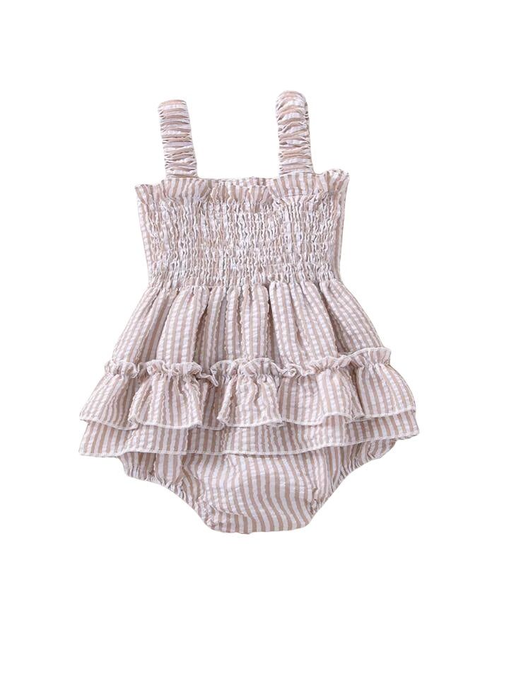 Striped seersucker ruffle trim bubble with large bow back