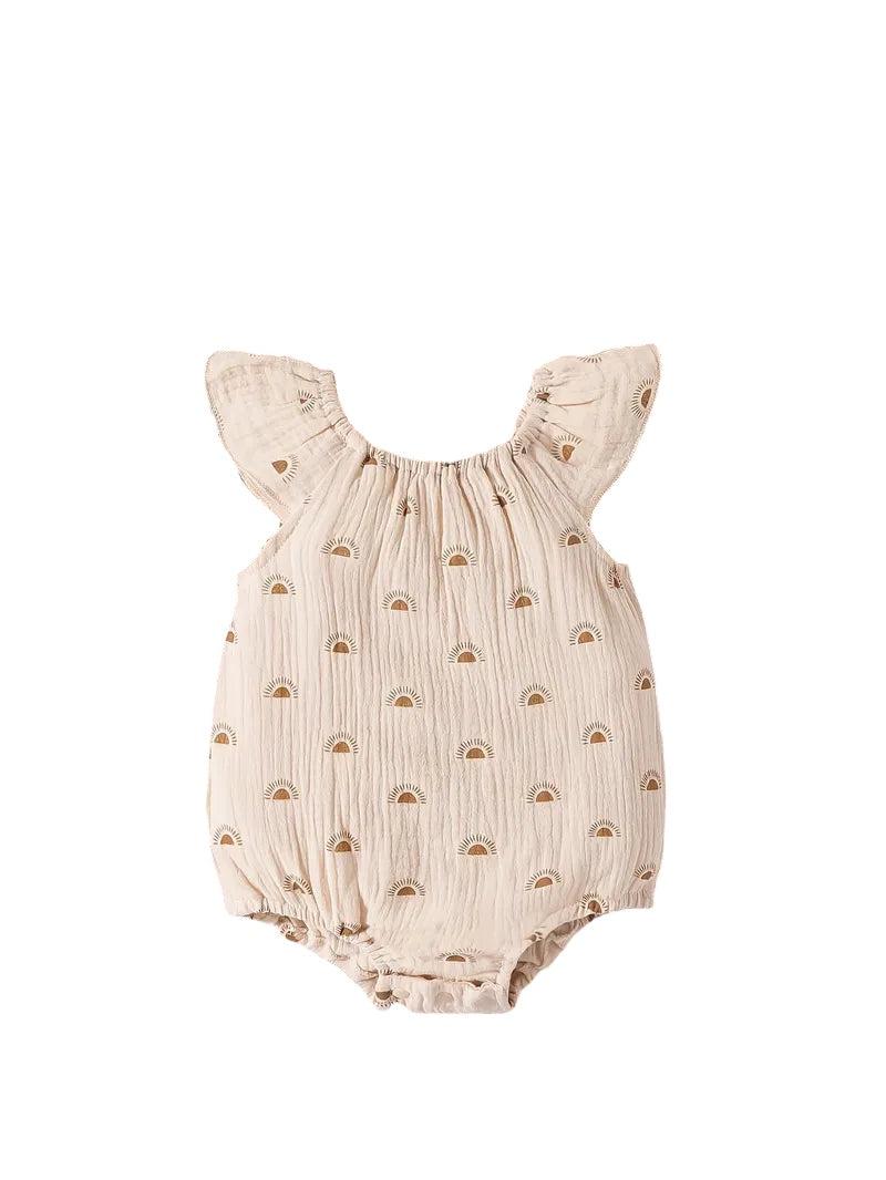Sunrise Romper with ruffles and neutral print