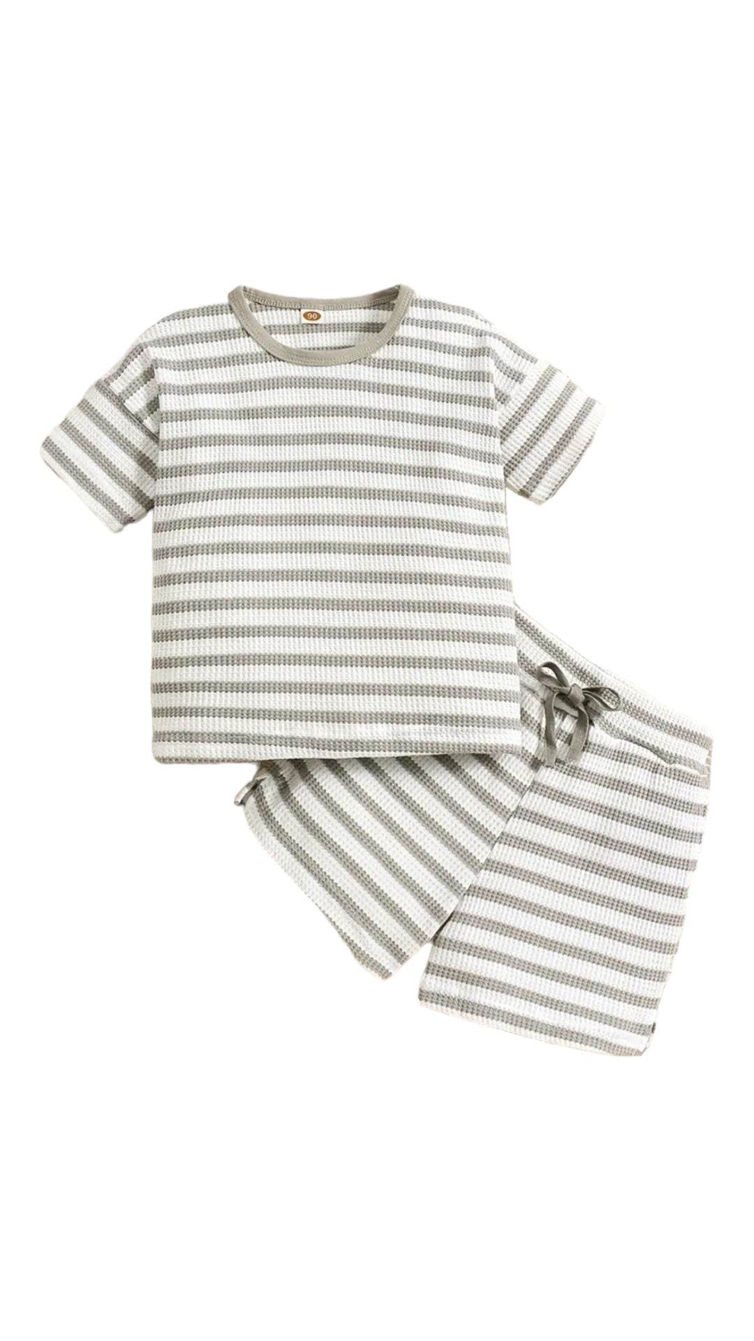 Grey and white stripe 2 piece waffle short set