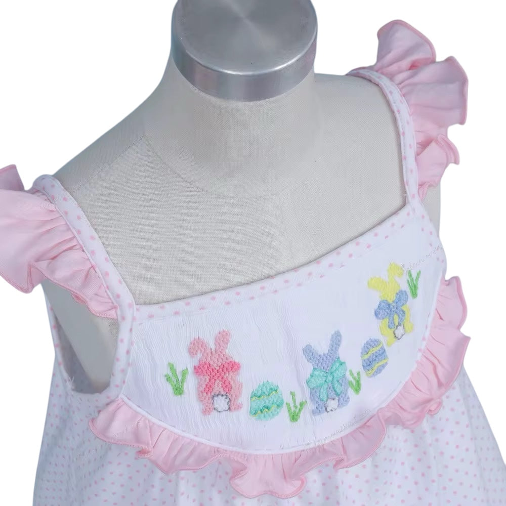 Hand-smocked Easter theme in white with tiny pink dot printed fabric dress