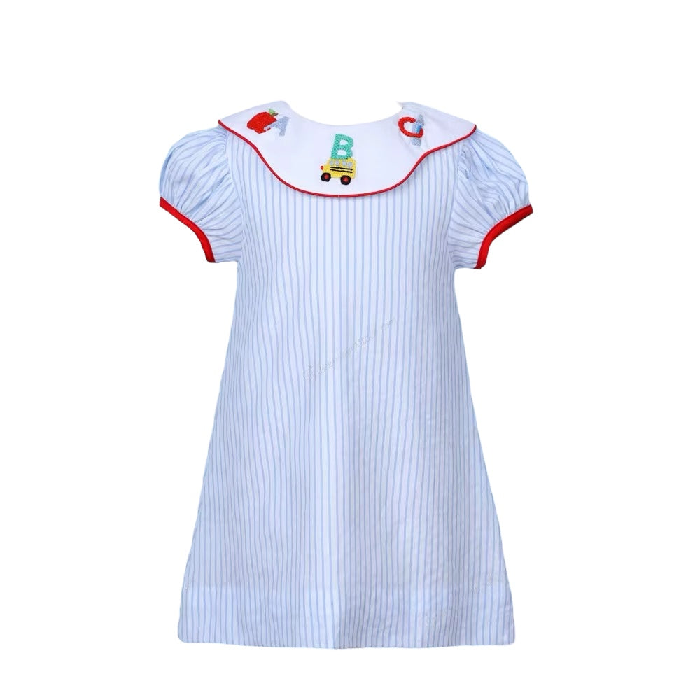 School Bishop Dress In Blue With Hand Embroidered Details