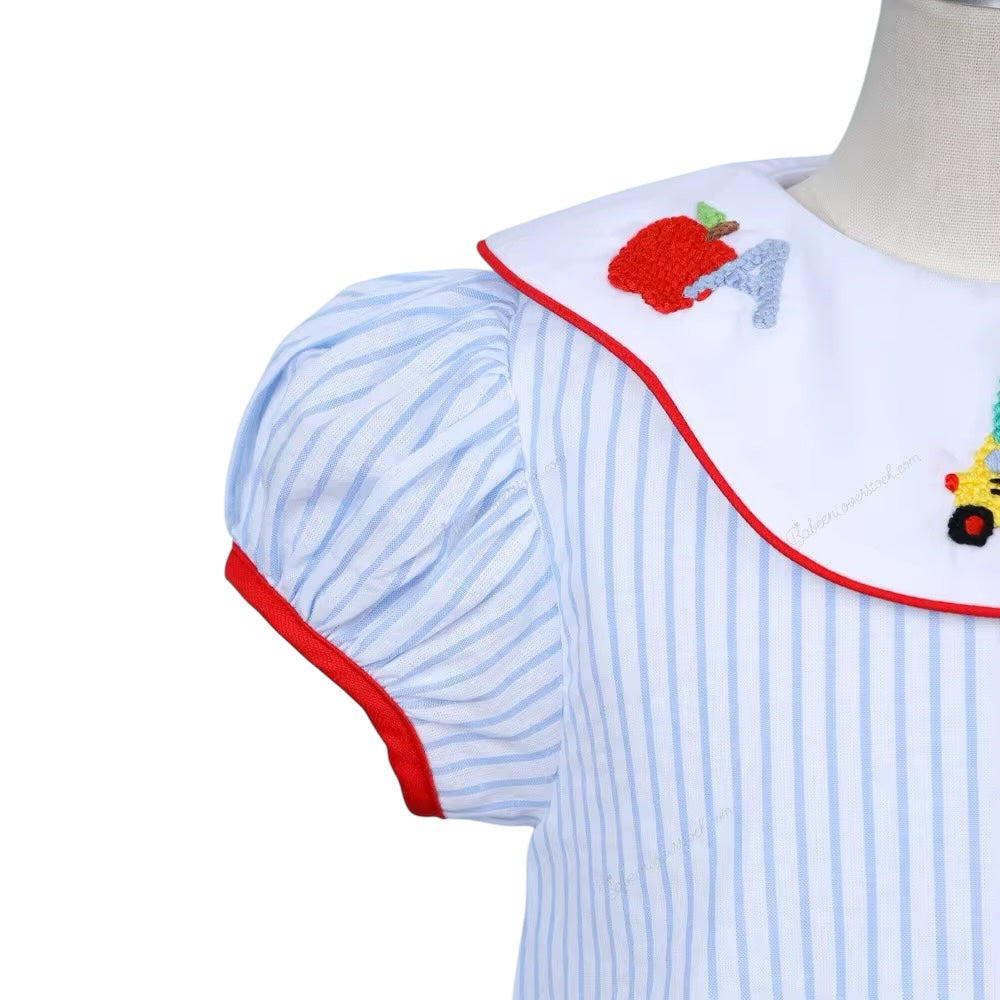 School Bishop Dress In Blue With Hand Embroidered Details