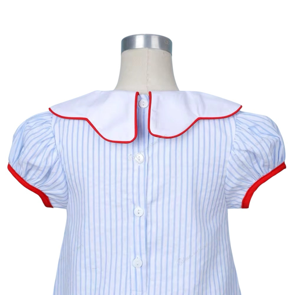School Bishop Dress In Blue With Hand Embroidered Details