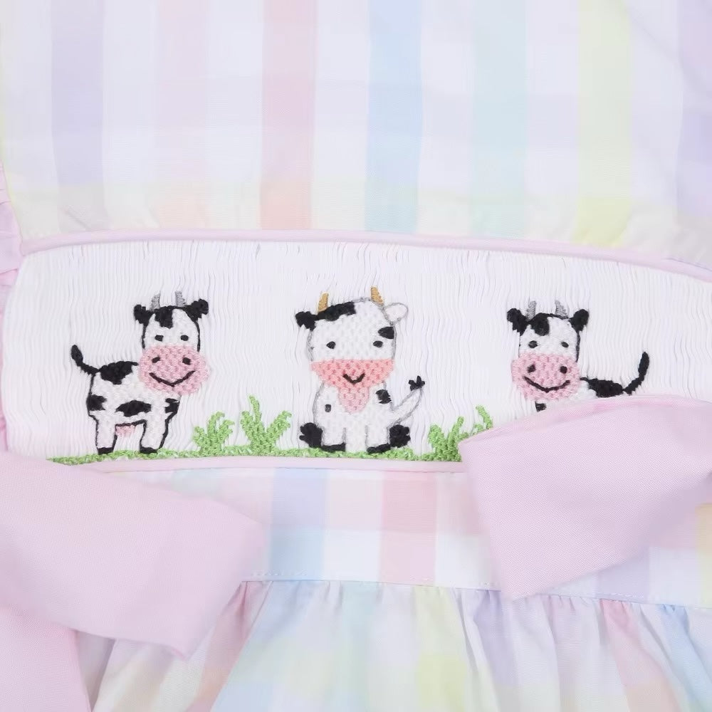 Cute Cow hand smocked girl bow bubble