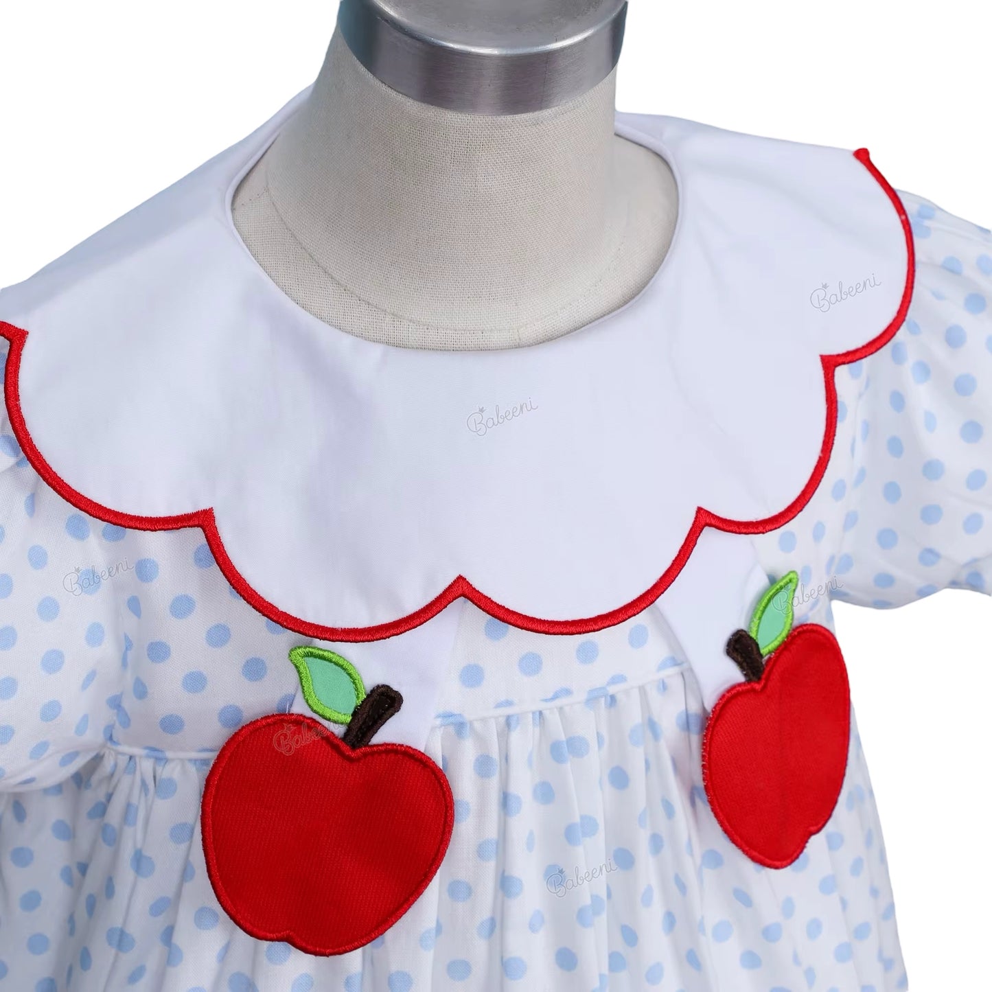School Girl Dress Tiny Blue Dots With Apple Embroidered