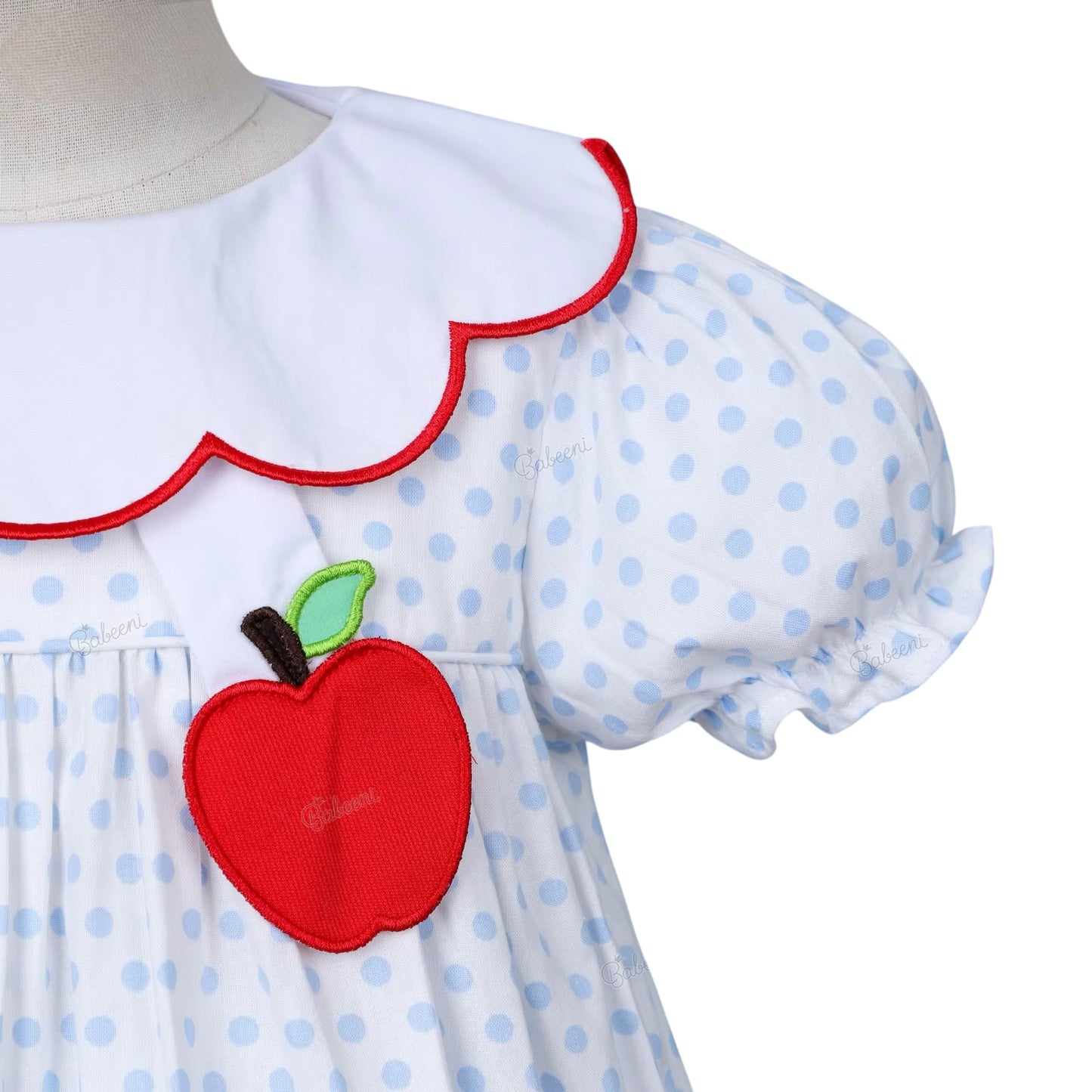 School Girl Dress Tiny Blue Dots With Apple Embroidered
