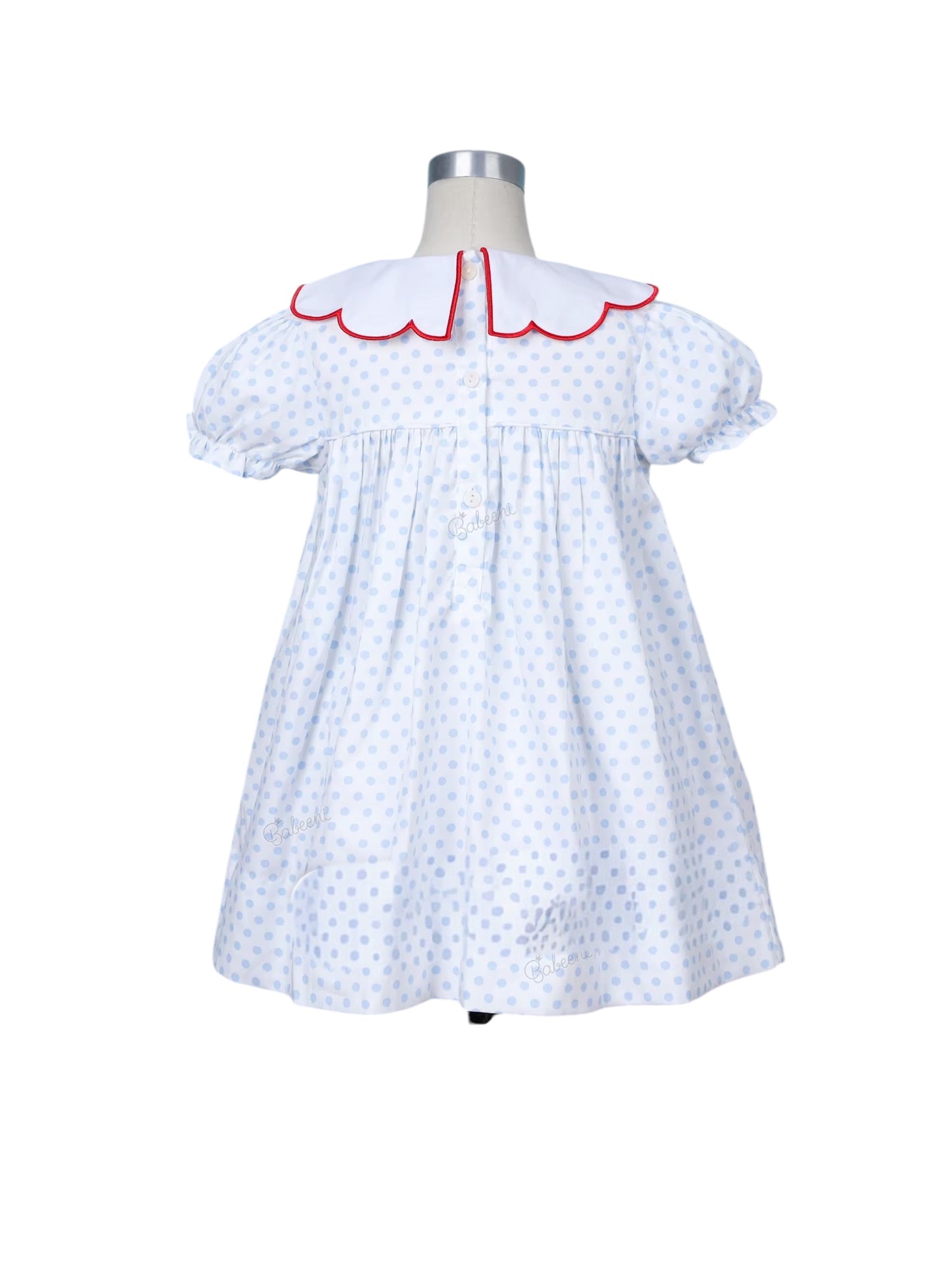 School Girl Dress Tiny Blue Dots With Apple Embroidered