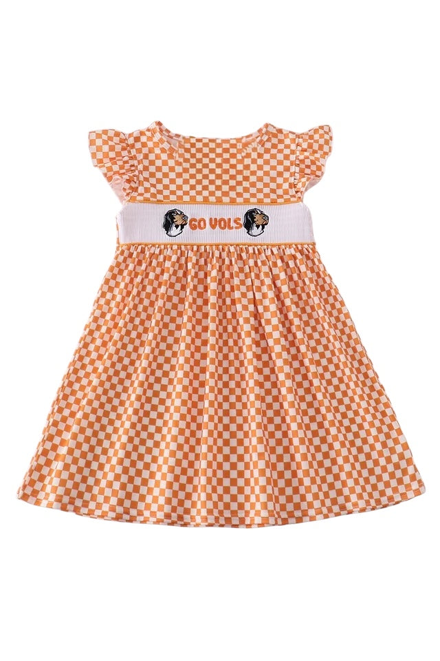 ORANGE TENNESSEE GO VOLS EMBROIDERY SMOCKED CHECKERED DRESS