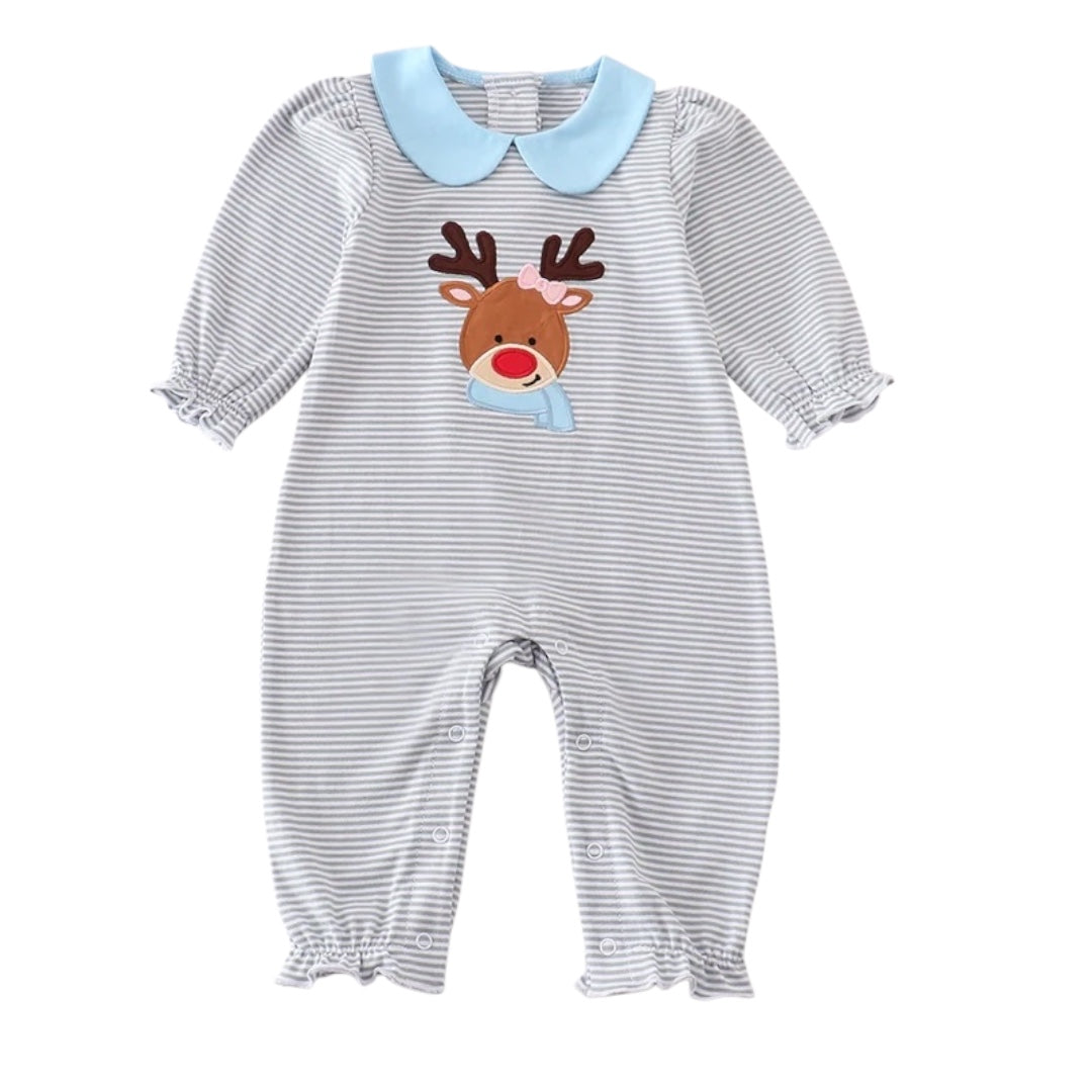 Premium stripe reindeer applique girl romper