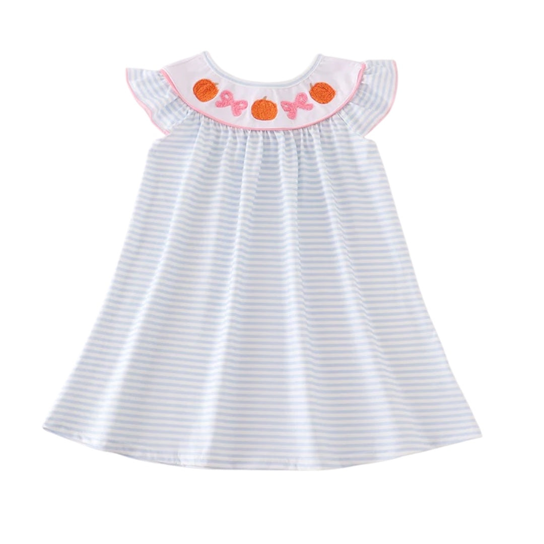 Blue stripe pumpkin french knot girl dress