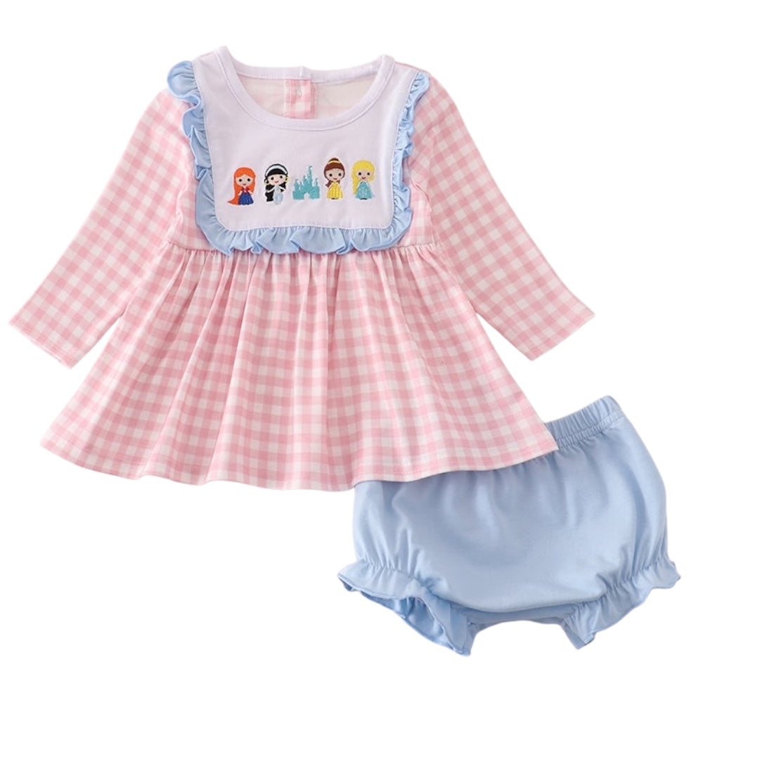 PINK PRINCESS CASTLE EMBROIDERY GINGHAM BLOOMER SET