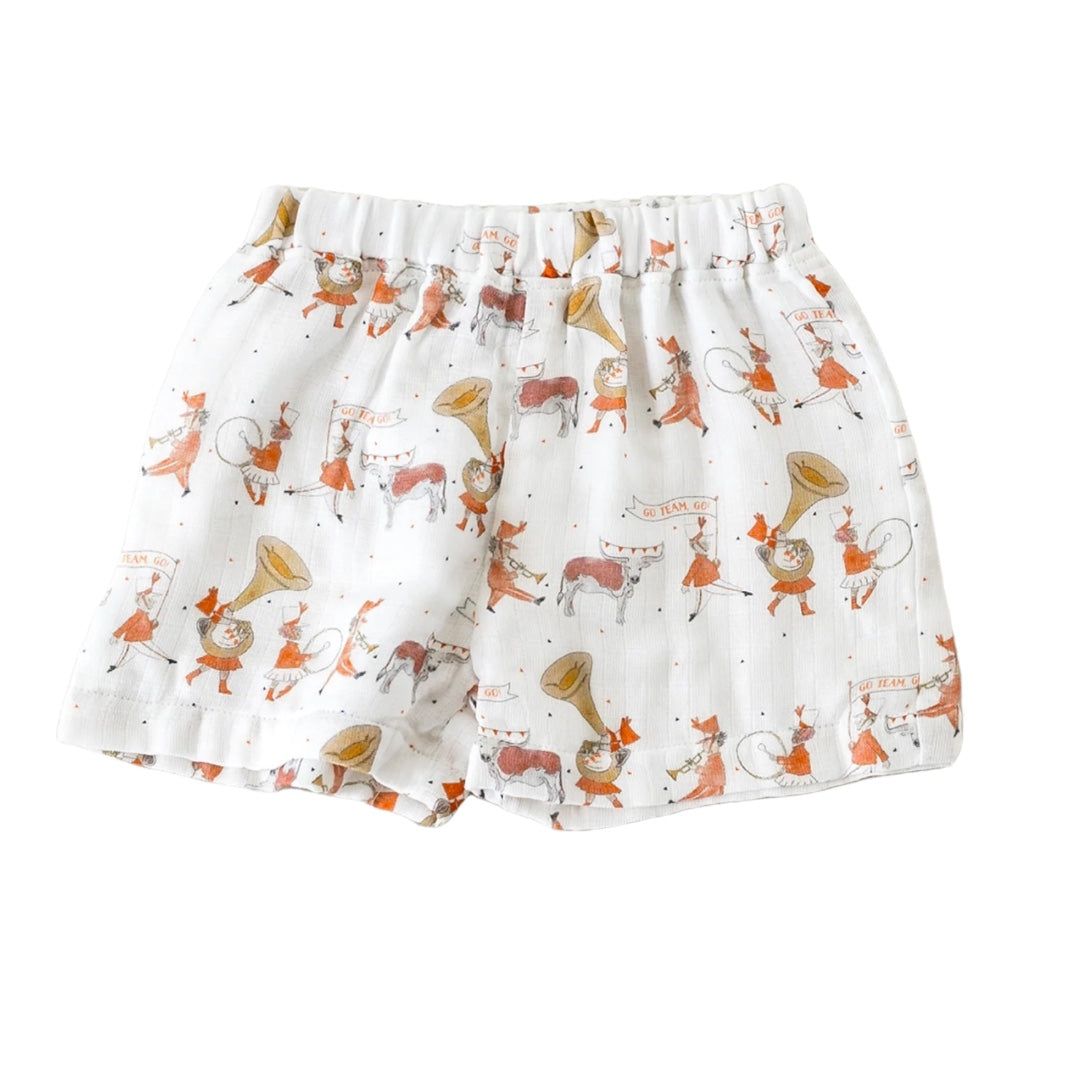 Let's Go Longhorns organic muslin gameday shorts with team spirit print