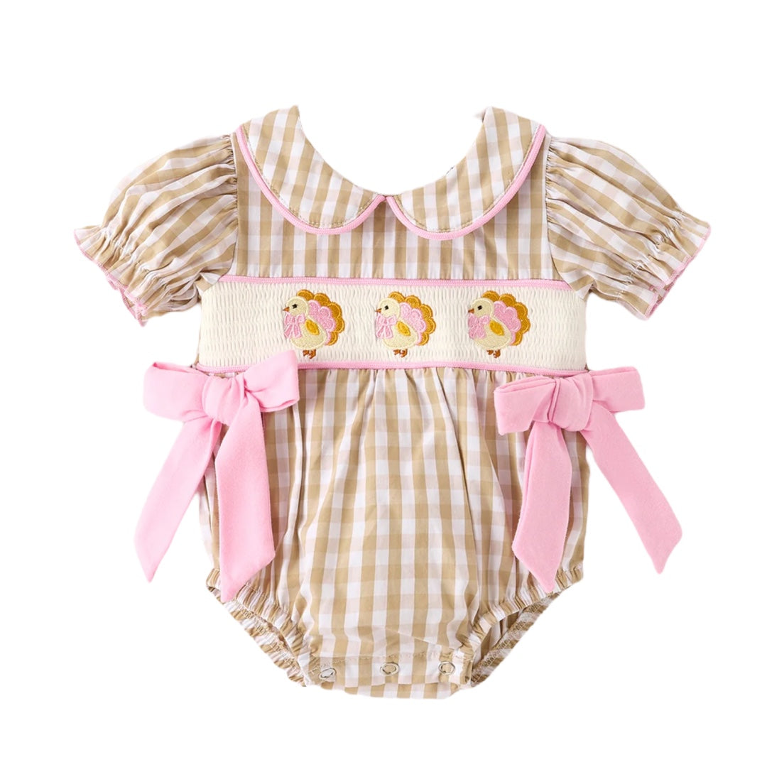 Fall Thanksgiving Lapel Plaid Turkey Embroidery Smocking Bow Baby Girls Romper