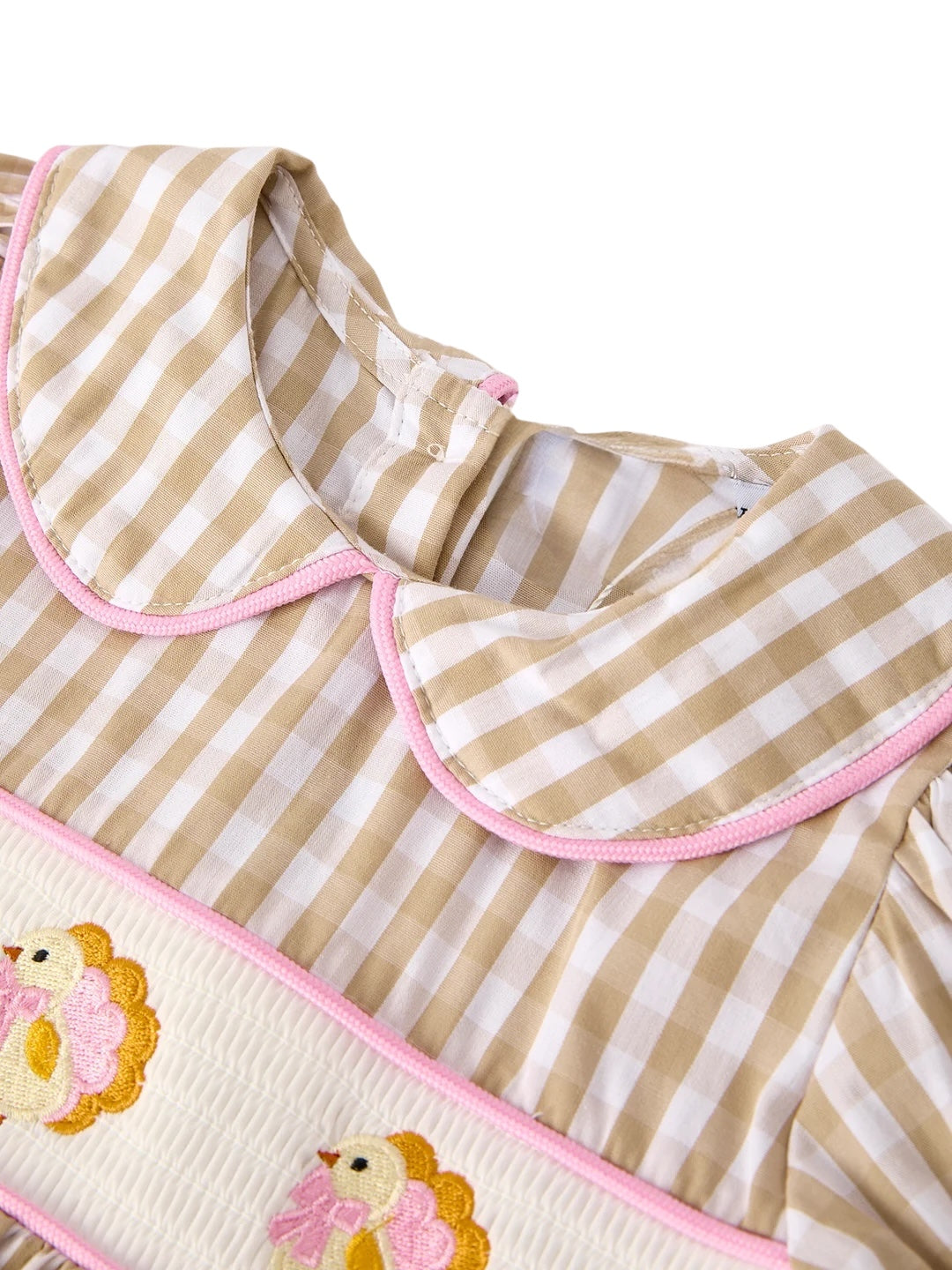 Fall Thanksgiving Lapel Plaid Turkey Embroidery Smocking Bow Baby Girls Dress
