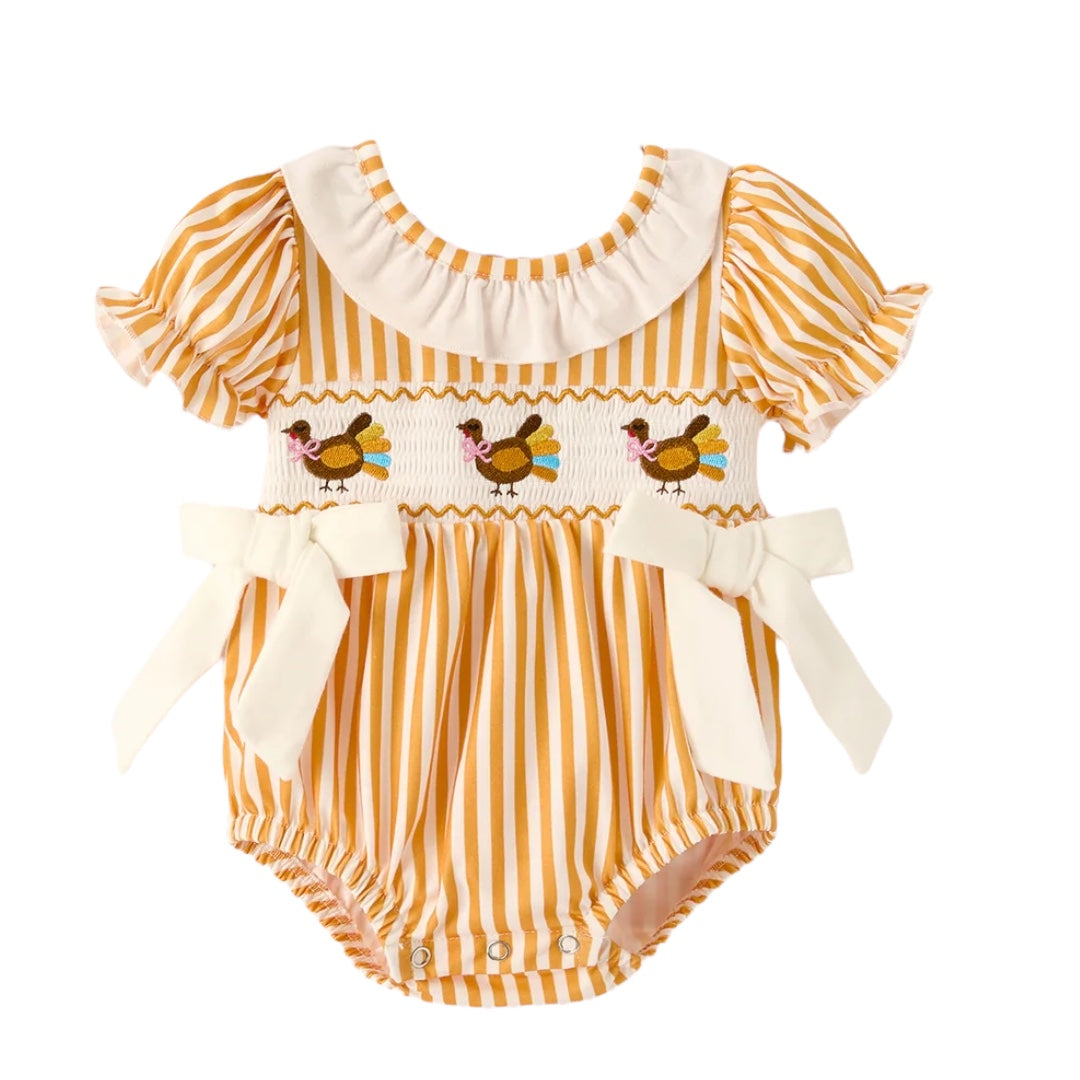 Fall Thanksgiving Turkey Smock Embroidered Orange Stripes Baby Girl Romper