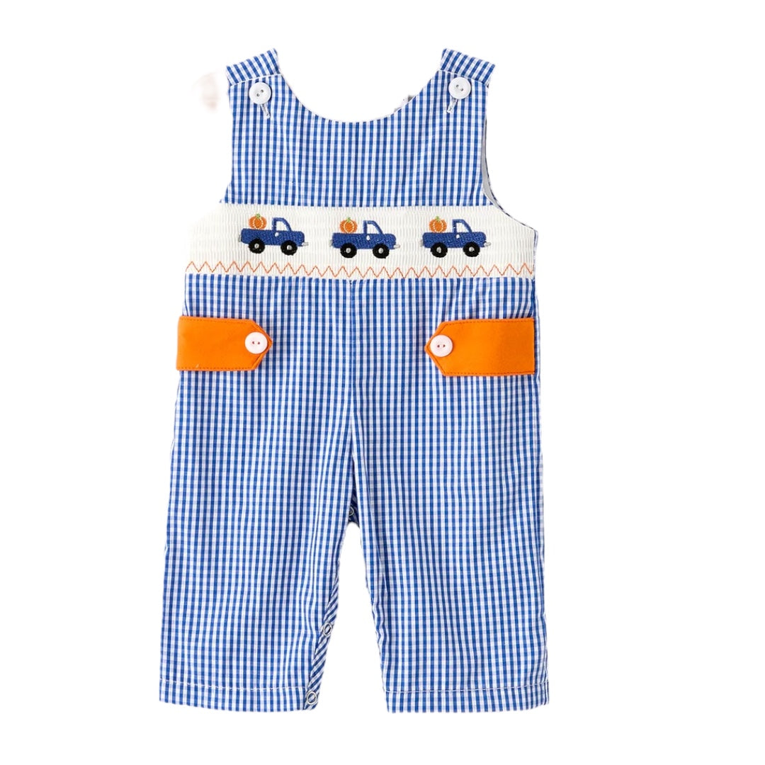 Fall Thanksgiving & Halloween Truck Smock Embroidery Baby Boy Romper