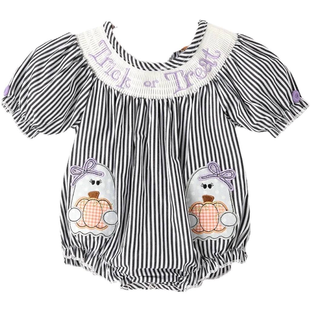 Halloween striped baby girl romper with "Trick or Treat" embroidery and ghost pumpkin design