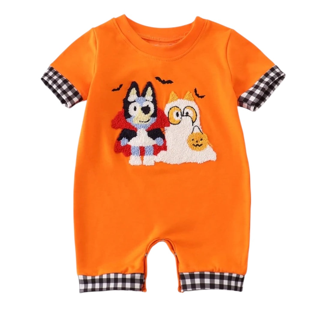 ORANGE HALLOWEEN CHARACTER FRENCH KNOT ROMPER