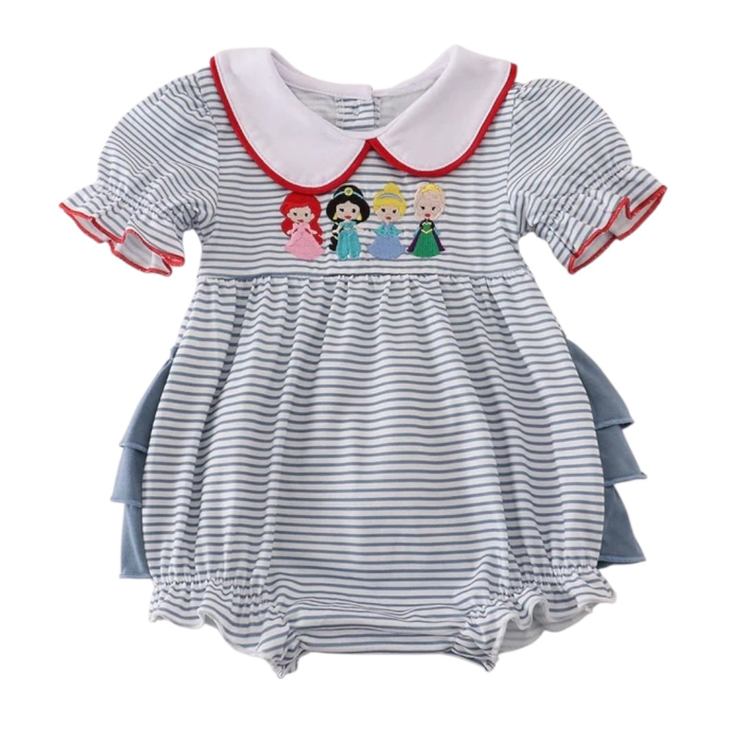 BLUE PRINCESS EMBROIDERY STRIPE RUFFLE BUBBLE