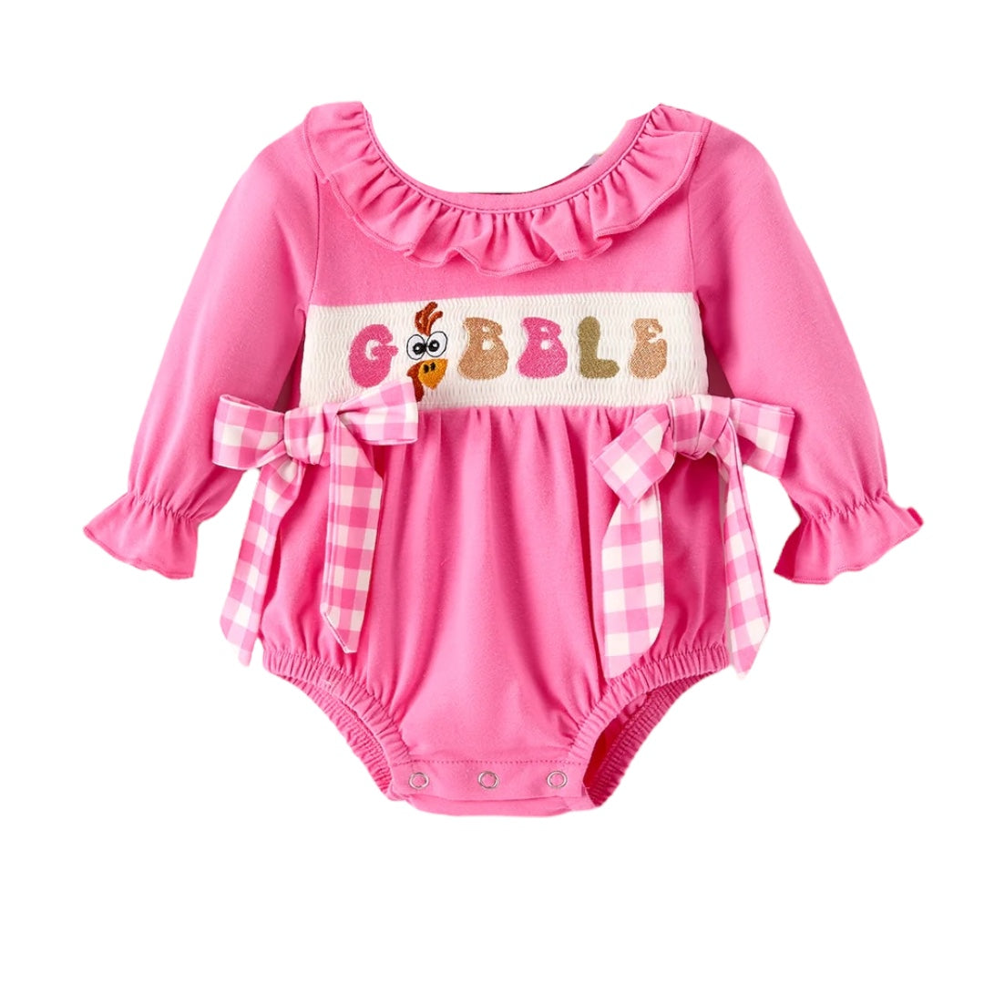 Fall Thanksgiving& Halloween "GOBBLE" Smock Embroidery Baby Girl Romper