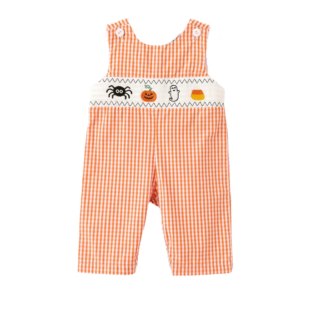 Fall Halloween Orange Pumpkin Ghost Spider Smock Embroidery Baby Boy Romper