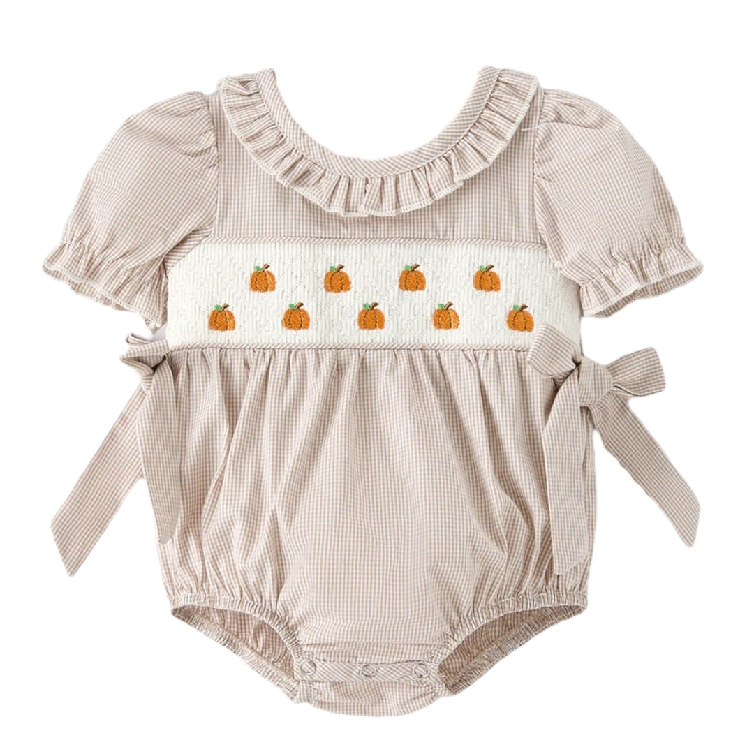Halloween & Thanksgiving Pumpkin Embroidery Smock Plaid Baby Girl Romper