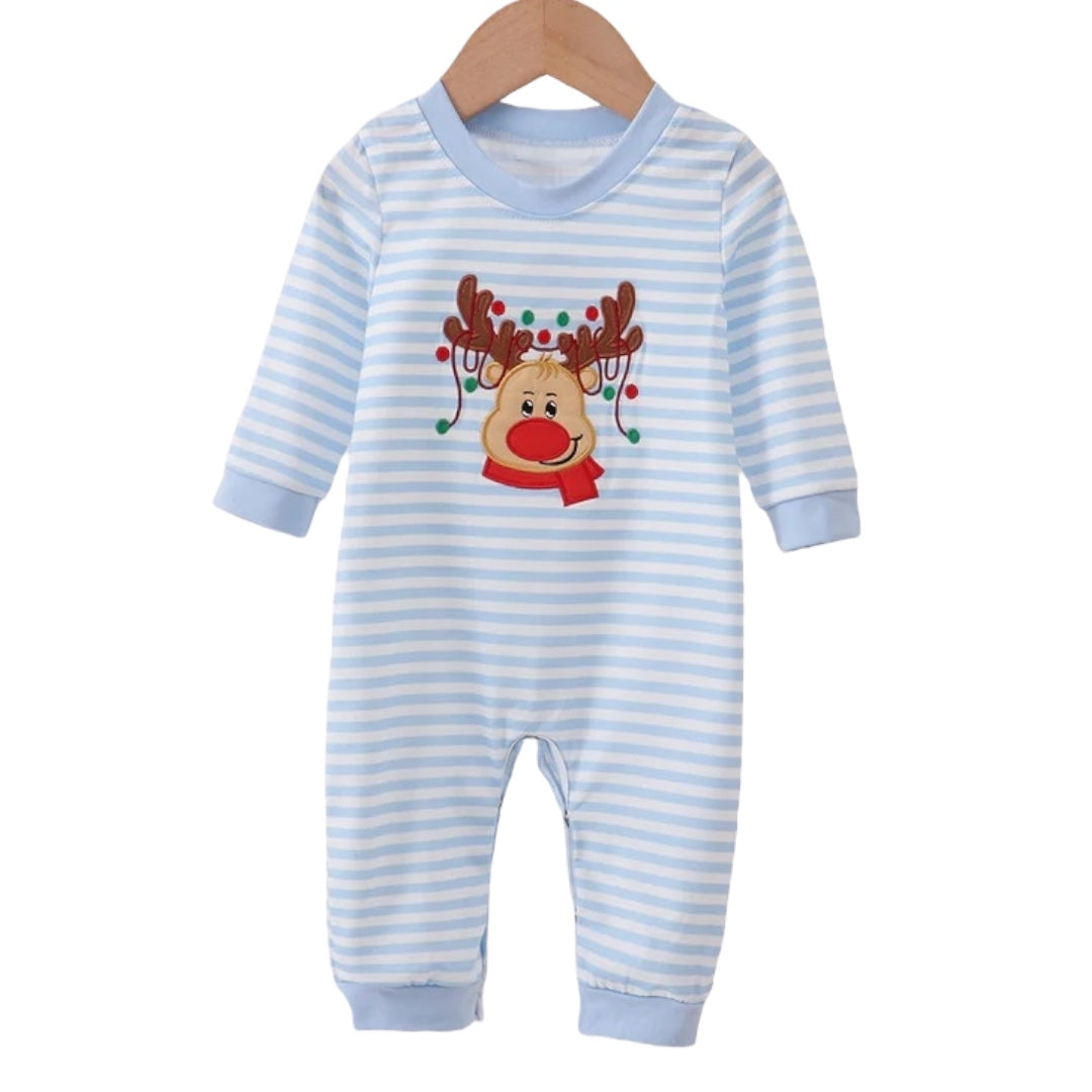 BLUE STRIPE REINDEER APPLIQUE ROMPER-Boys
