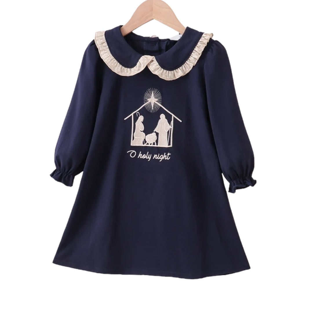 Navy nativity embroidery girl dress
