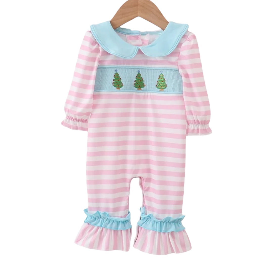 PINK CHRISTMAS TREE SMOCKED STRIPE RUFFLE ROMPER