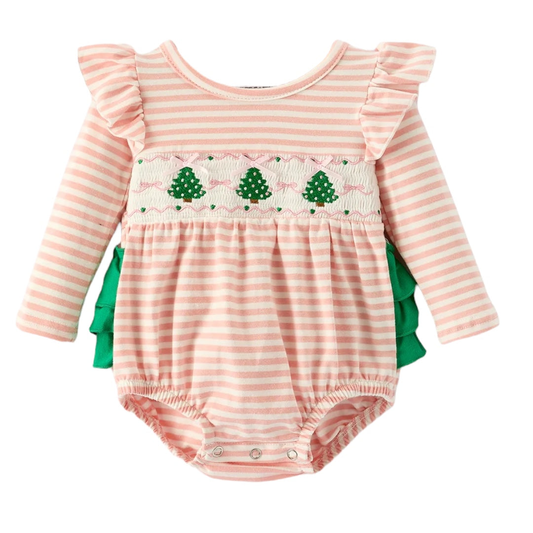 Embroidery Smocked Stipe Christmas Tree Bubble