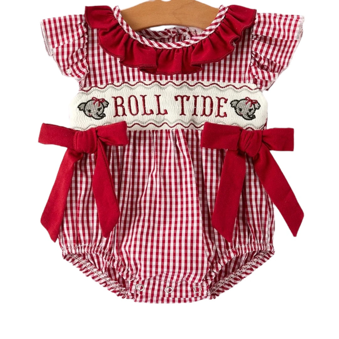 Roll Tide Machine Embroidery Gingham Baby Girl Romper with Red Bow