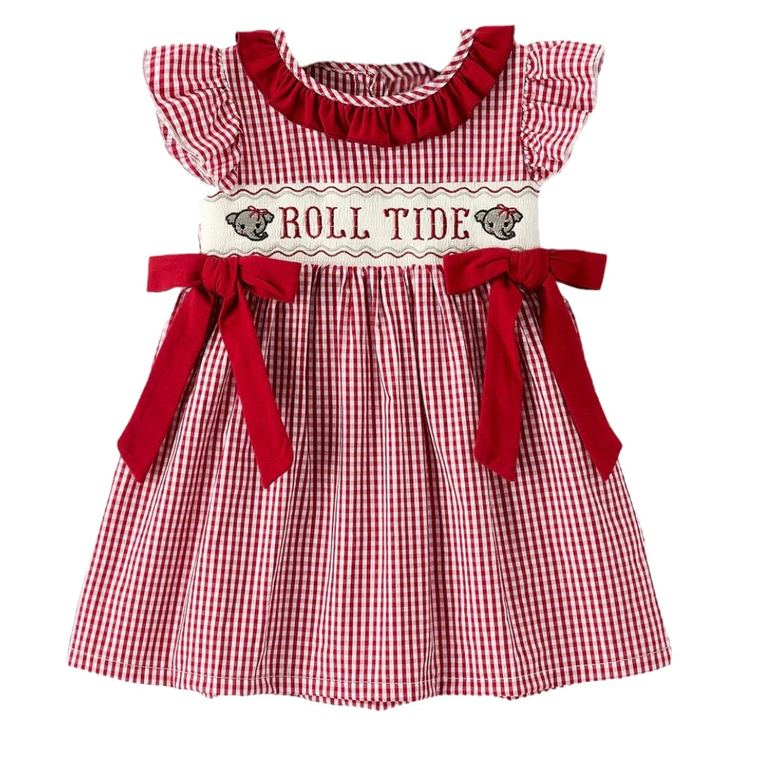 Roll Tide Machine Embroidery Gingham Girl Dress with Red Bow