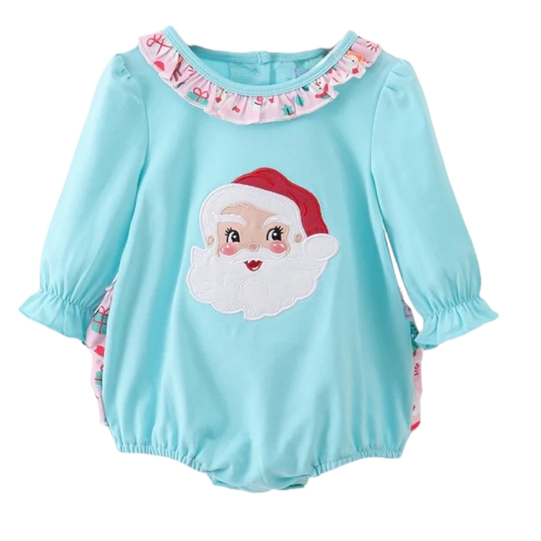 BLUE CHRISTMAS SANTA CLAUS APPLIQUE RUFFLE BUBBLE